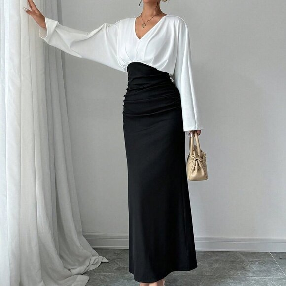 Black Elegant Women's Patchwork Long Sleeve Pleated Hem Casual Dress - Picture 6 of 6